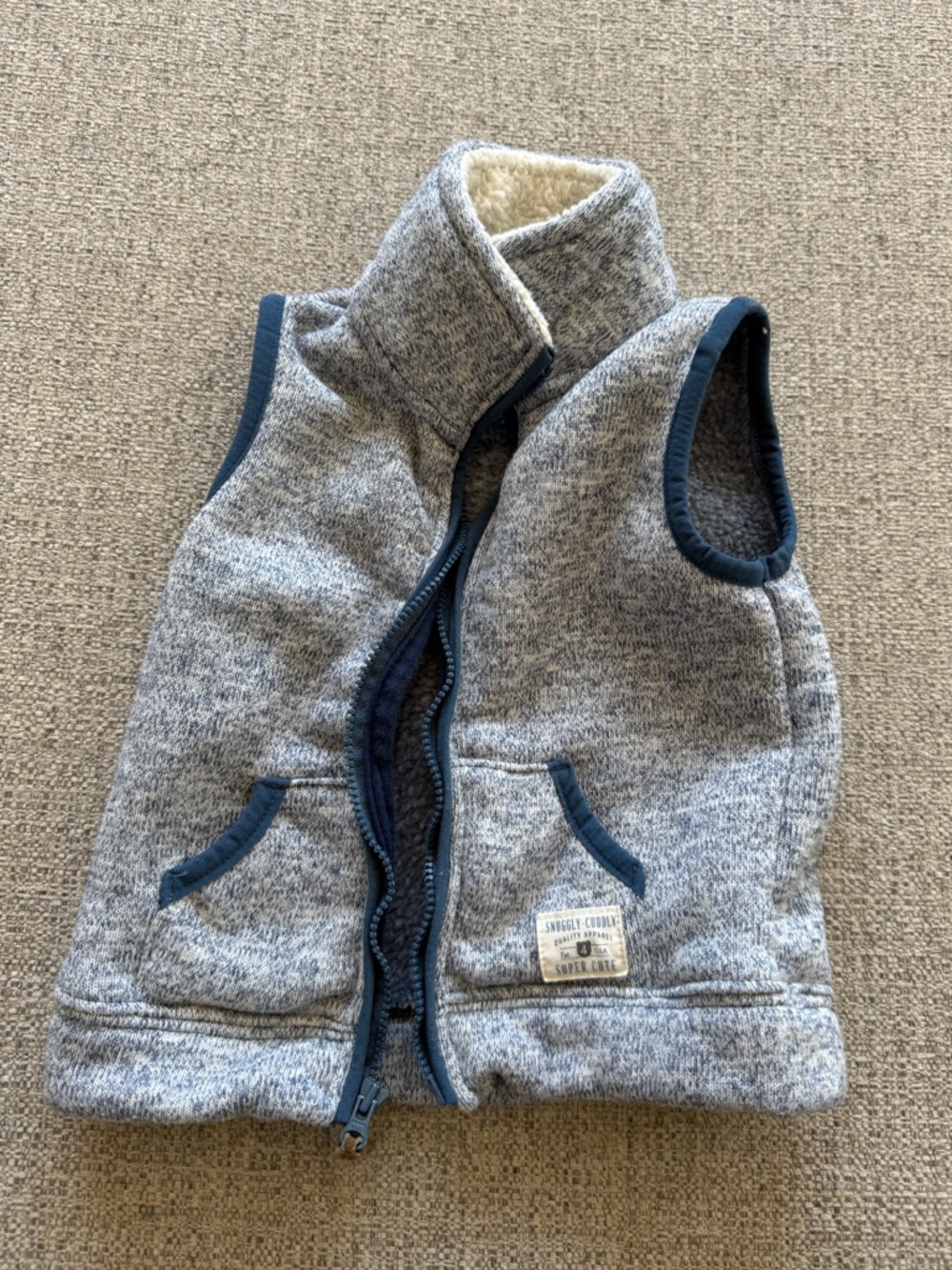 Carter’s Cozy Heather Blue Sherpa-Lined Vest with Navy Trim